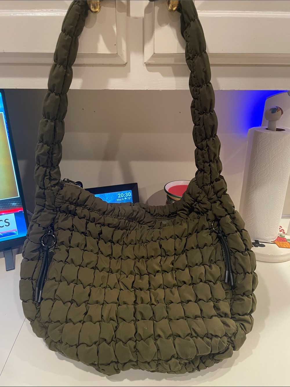 Quilted Olive Green Hobo Shoulder Bag - Picture 2 of 2